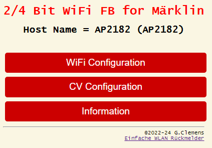 Das Hauptmenü eines WLAN Rückmeldemoduls, das sich noch nicht mit dem WLAN-Router der CSx verbunden hat.