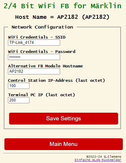 Name des WLANs (SSID) und Passwort stimmen. Der Rückmeldebaustein ist im WLAN Netz und kann Central Station (100) und PC (200) erreichen.